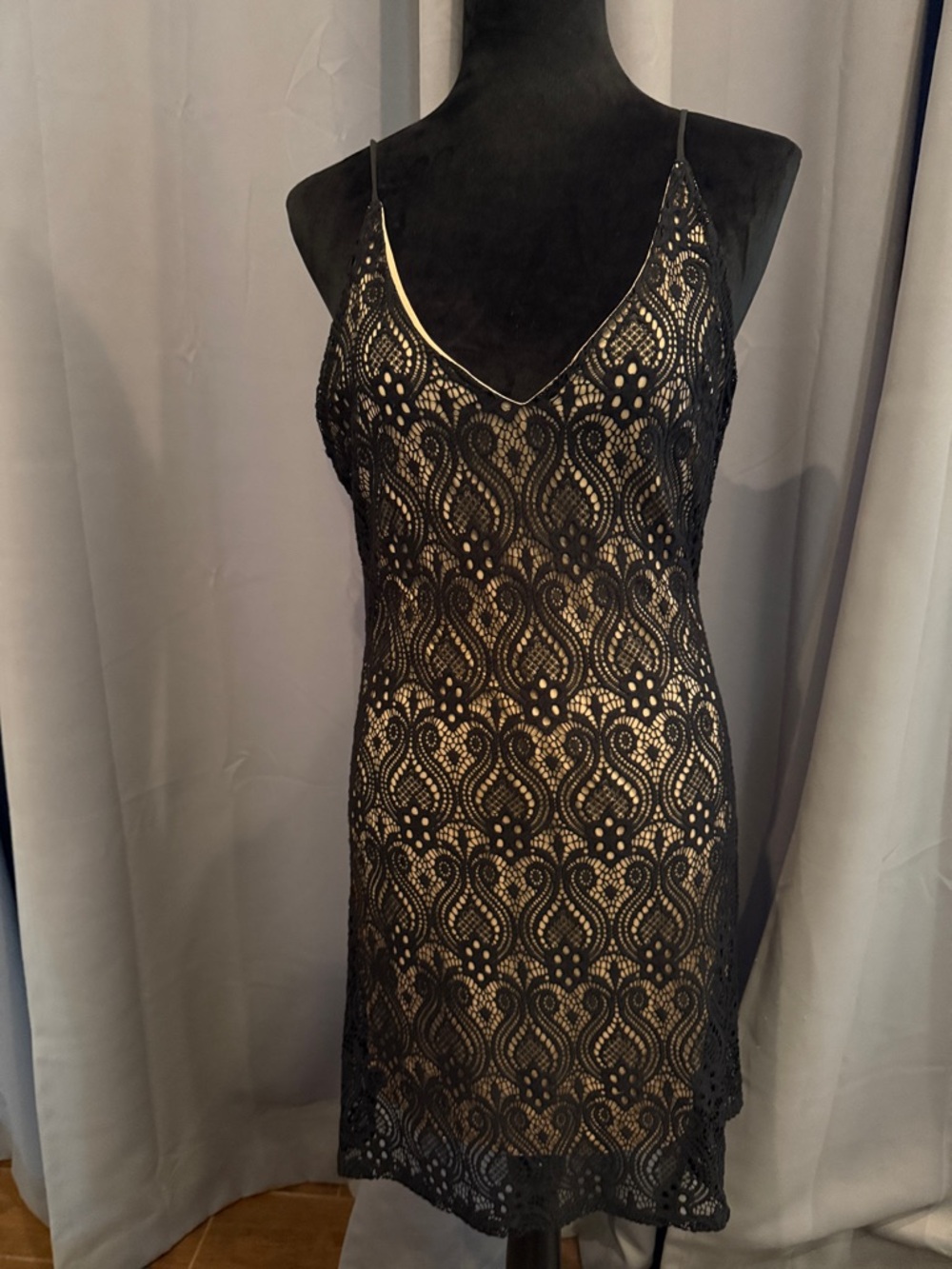 Sage Black Lace Spaghetti Strap Dress with Nude Lining
